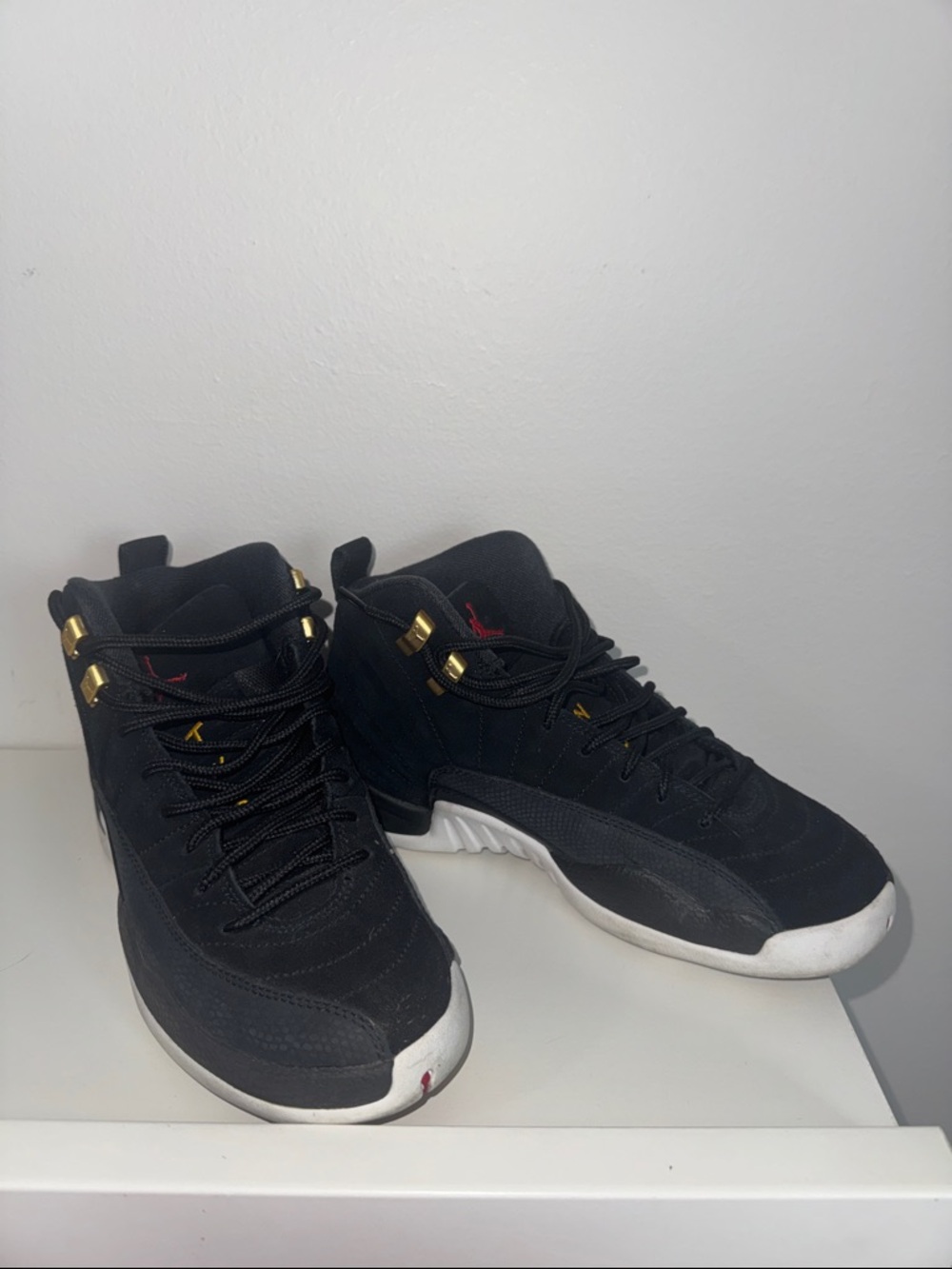 Jordan 12s Kids Black/White Sneakers with Gold Accents